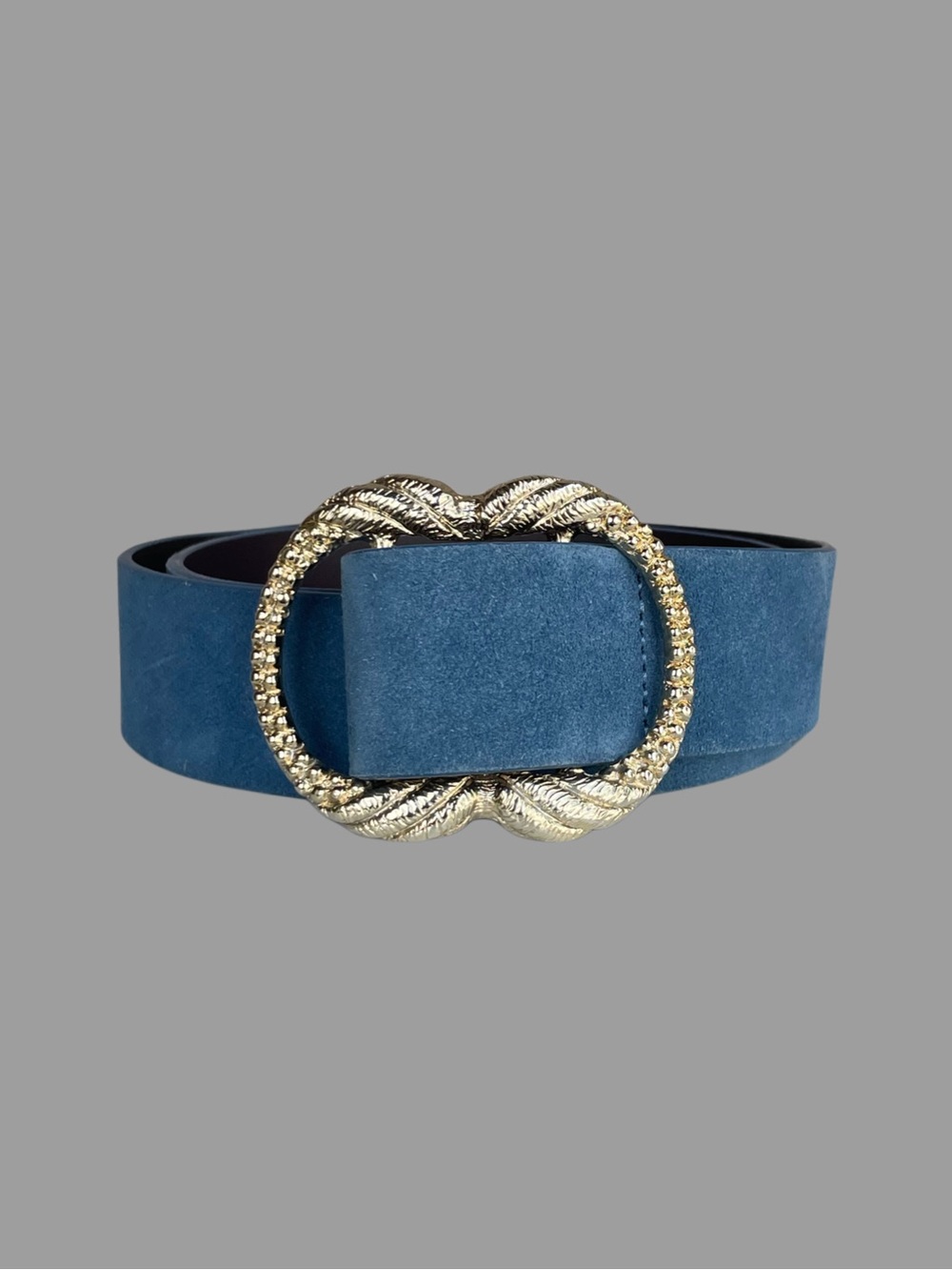 SEZANE Classic Blue Suede Leather Artemis Belt w/ Engraved Gold Brass Buckle - Picture 9 of 14